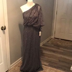 New Adrianna Papell Grey Sequin One Shoulder Gown